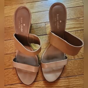Kate Spade Tan Leather Wedge Women's Sandals With Mirroed Gold Heel